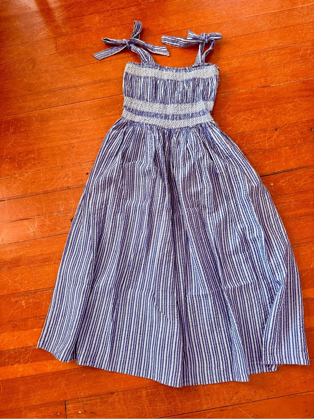 Blue and White Striped Smocked Midi Sundress with Tie Straps